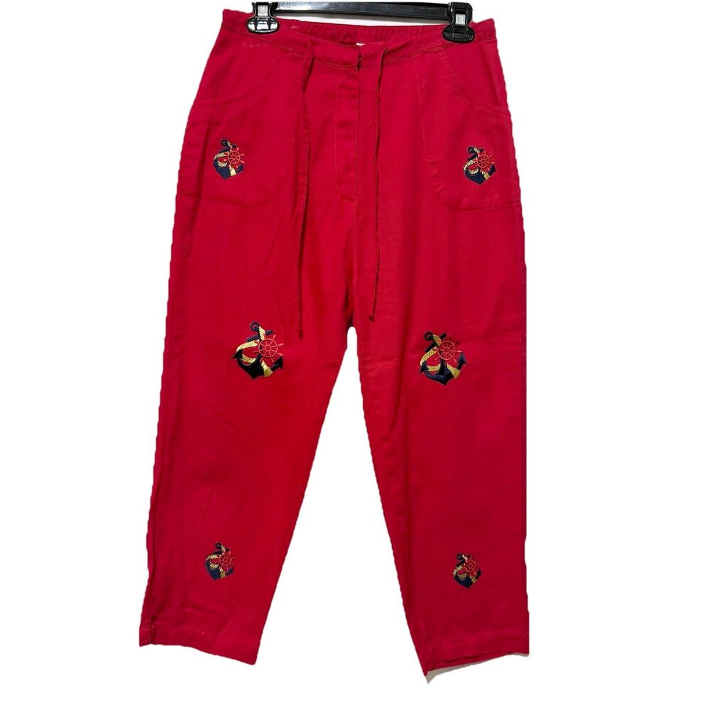 Vintage Nautical Anchor Embroidered Red Cropped Pants Women M